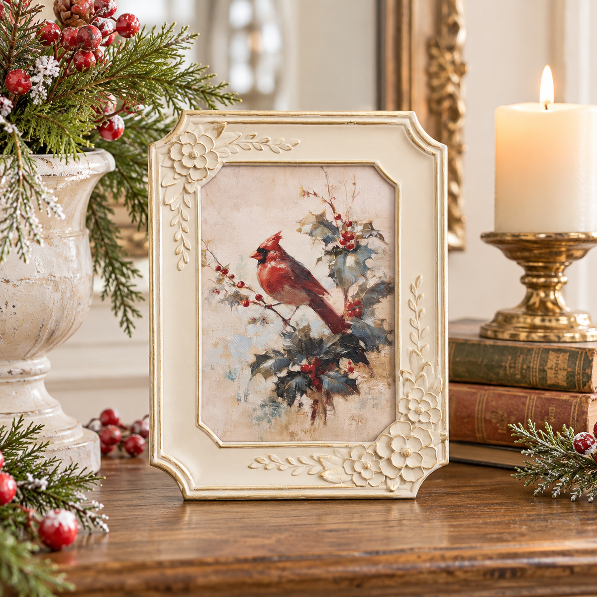Winter Cardinal & Holly Framed Art } 4×6 Ivory Floral Frame