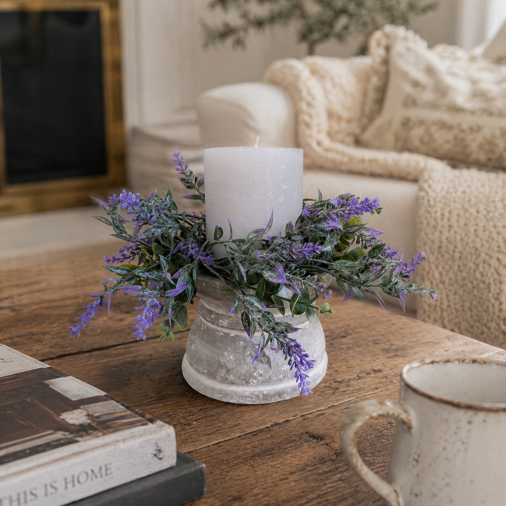 Candle in a decorative holder with lavender on a wooden table in a cozy living room.