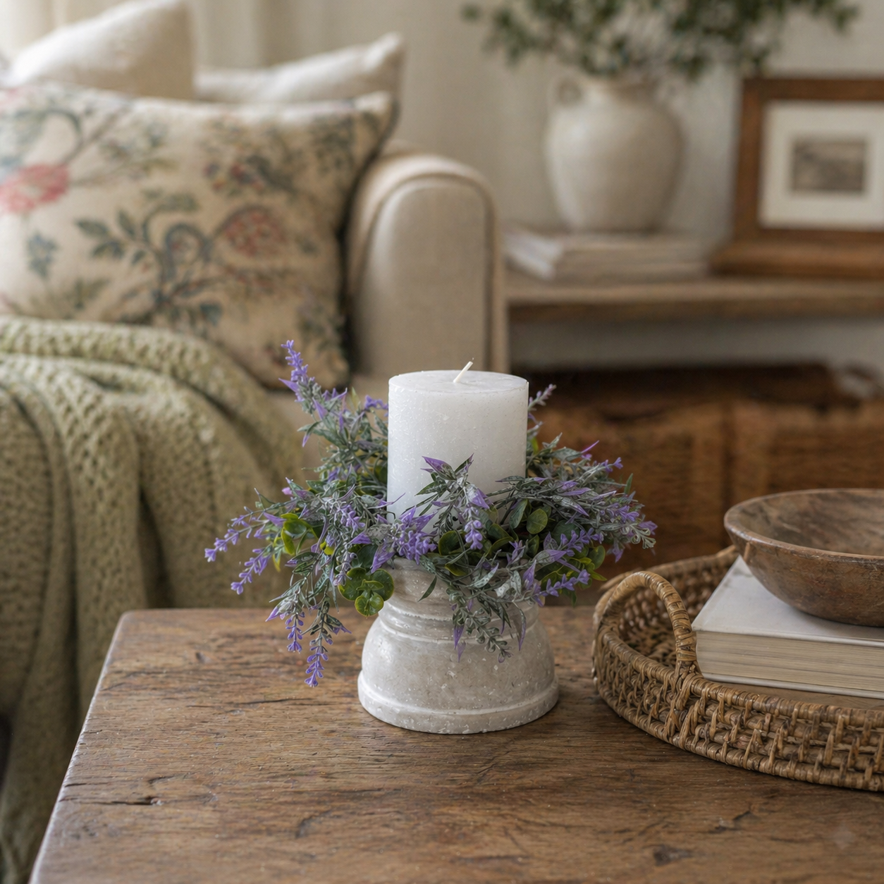 Decorative candle with flowers on a wooden table in a cozy living room.