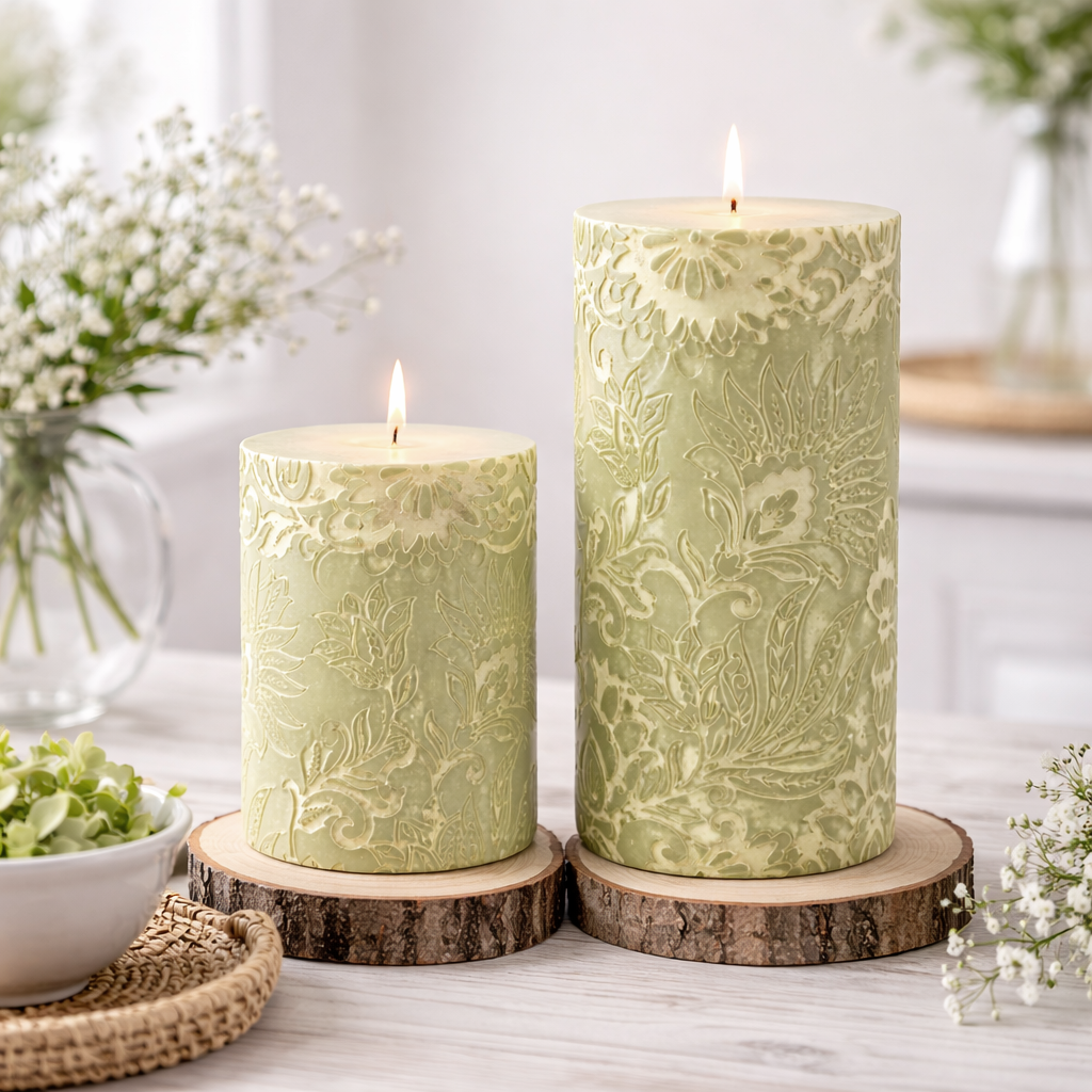 Soft Celadon Floral Embossed Candle | 3 x 6