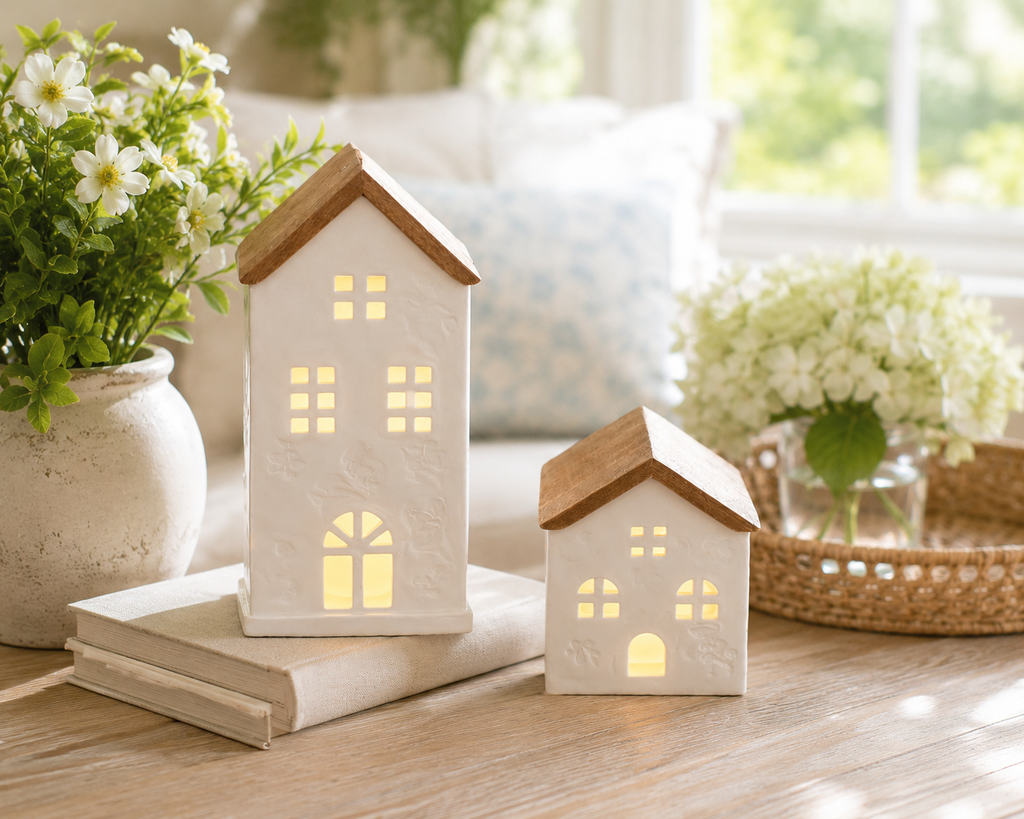 Two small house-shaped lanterns on books with a cozy indoor setting.