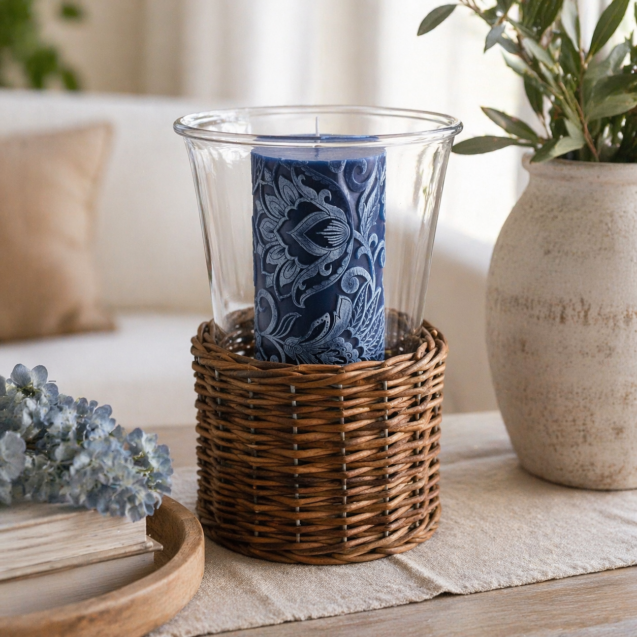 Colonial Blue Floral Embossed Candle | 3 x 6