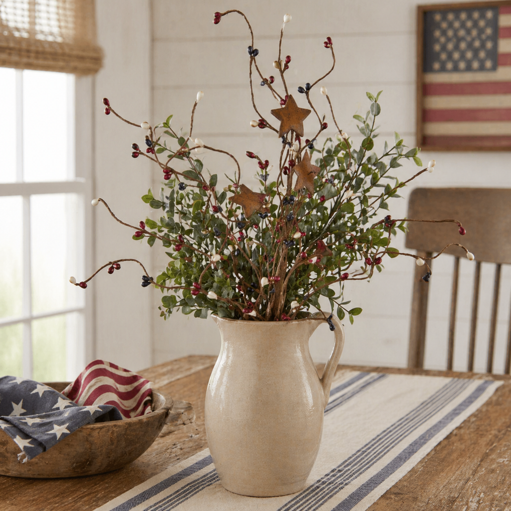 Decorative vase with branches and stars on a table with American flag-themed decor.