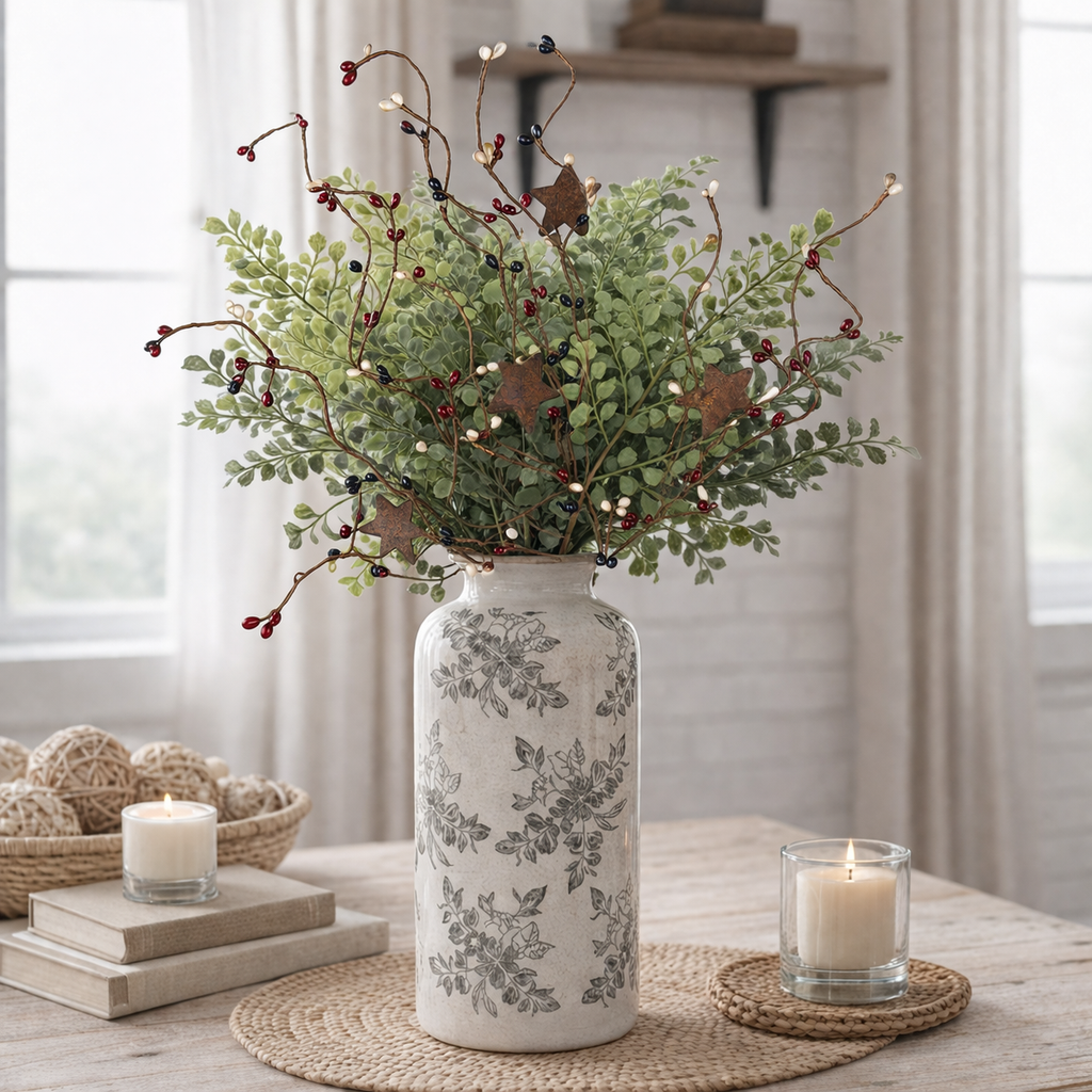 Decorative vase with fern  greenery and pip berry and stars stems on a table with candles and books.