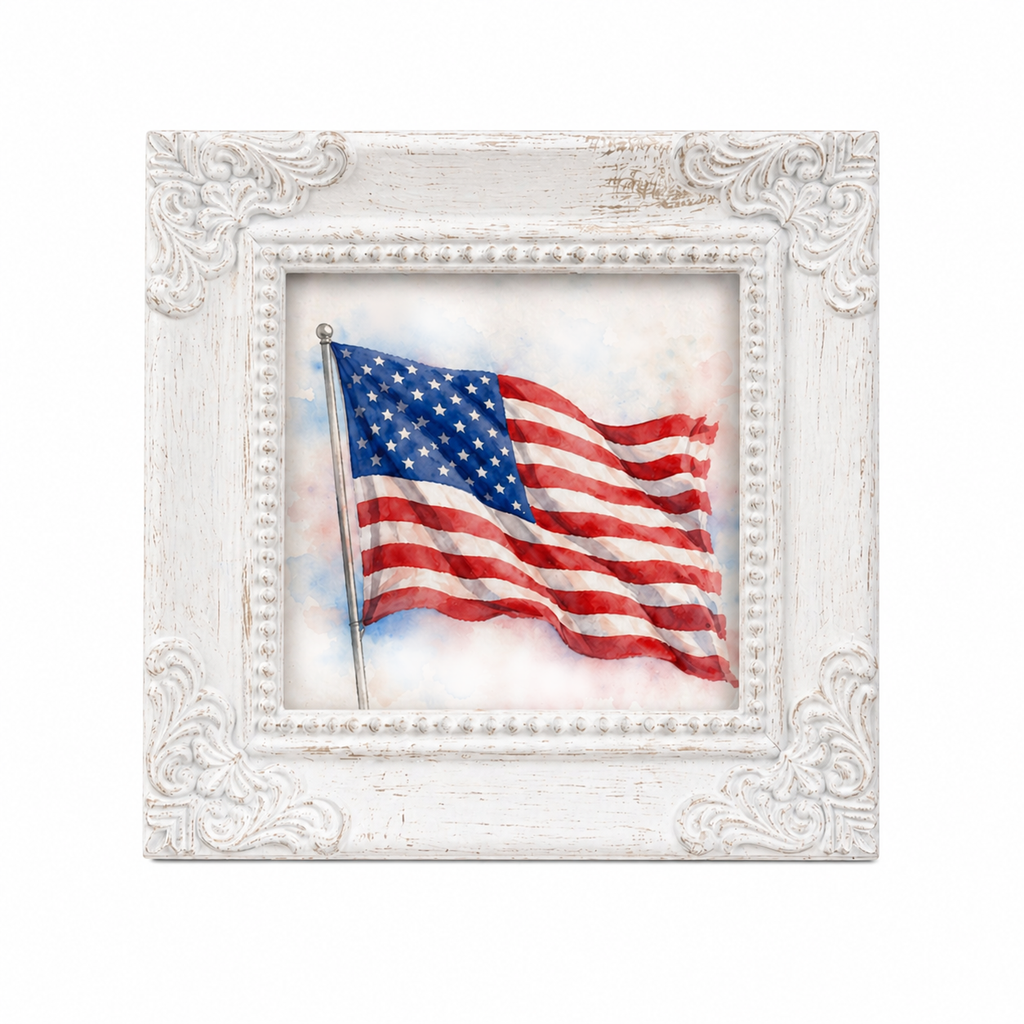 Framed artwork of an American flag on a white background