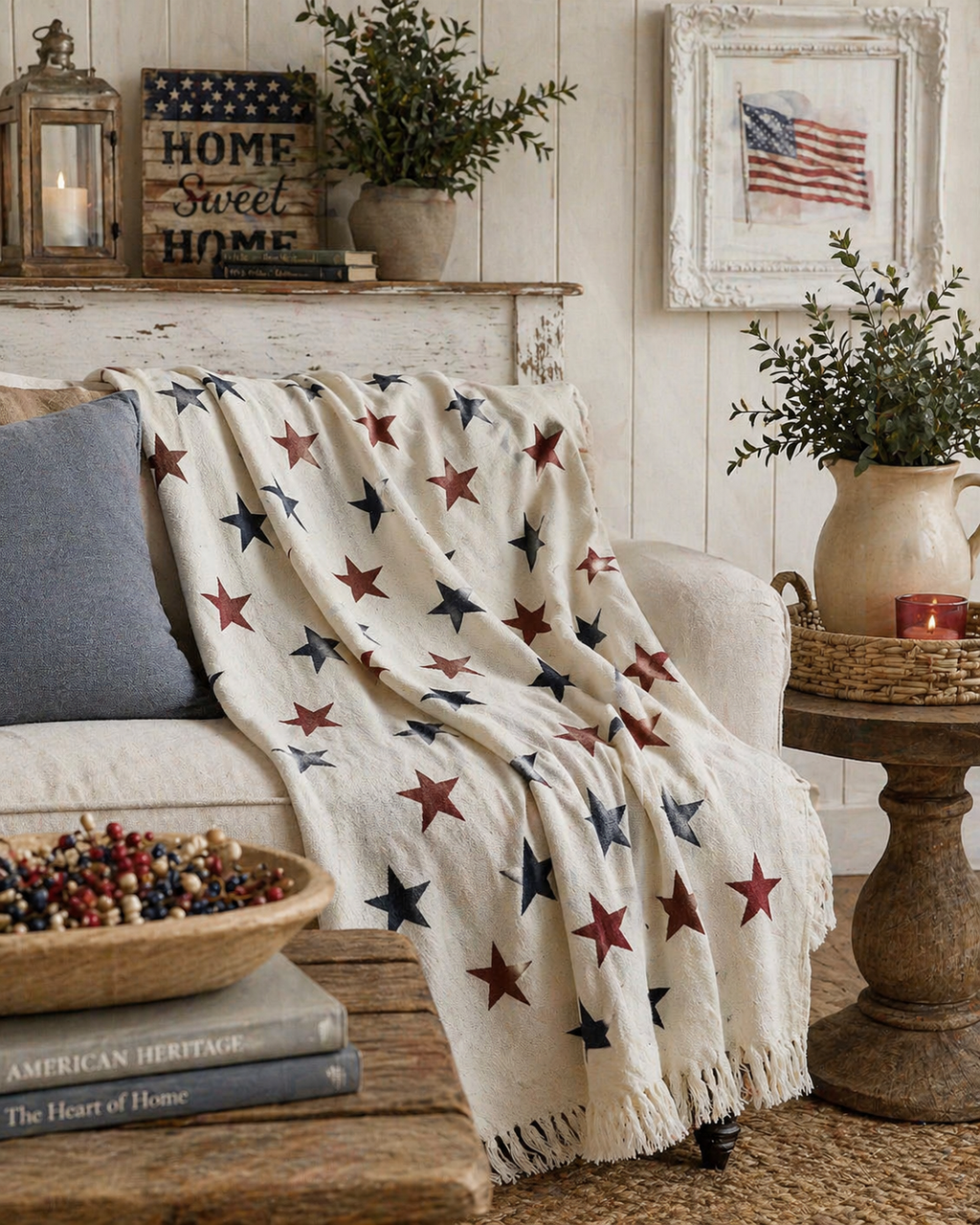 Star-patterned throw blanket on a sofa in a home decor setting with American flags and 'Home Sweet Home' sign.
