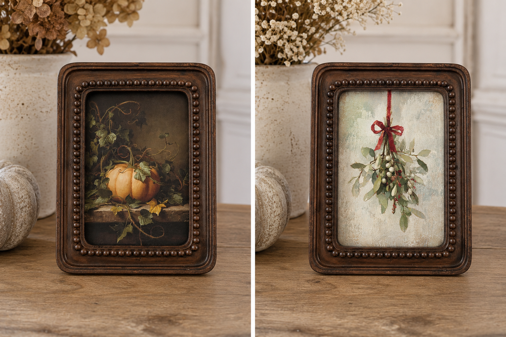 Two small framed art prints displayed side by side on a wooden surface. The left frame shows a still life of a pumpkin with autumn leaves in a dark brown beaded frame.