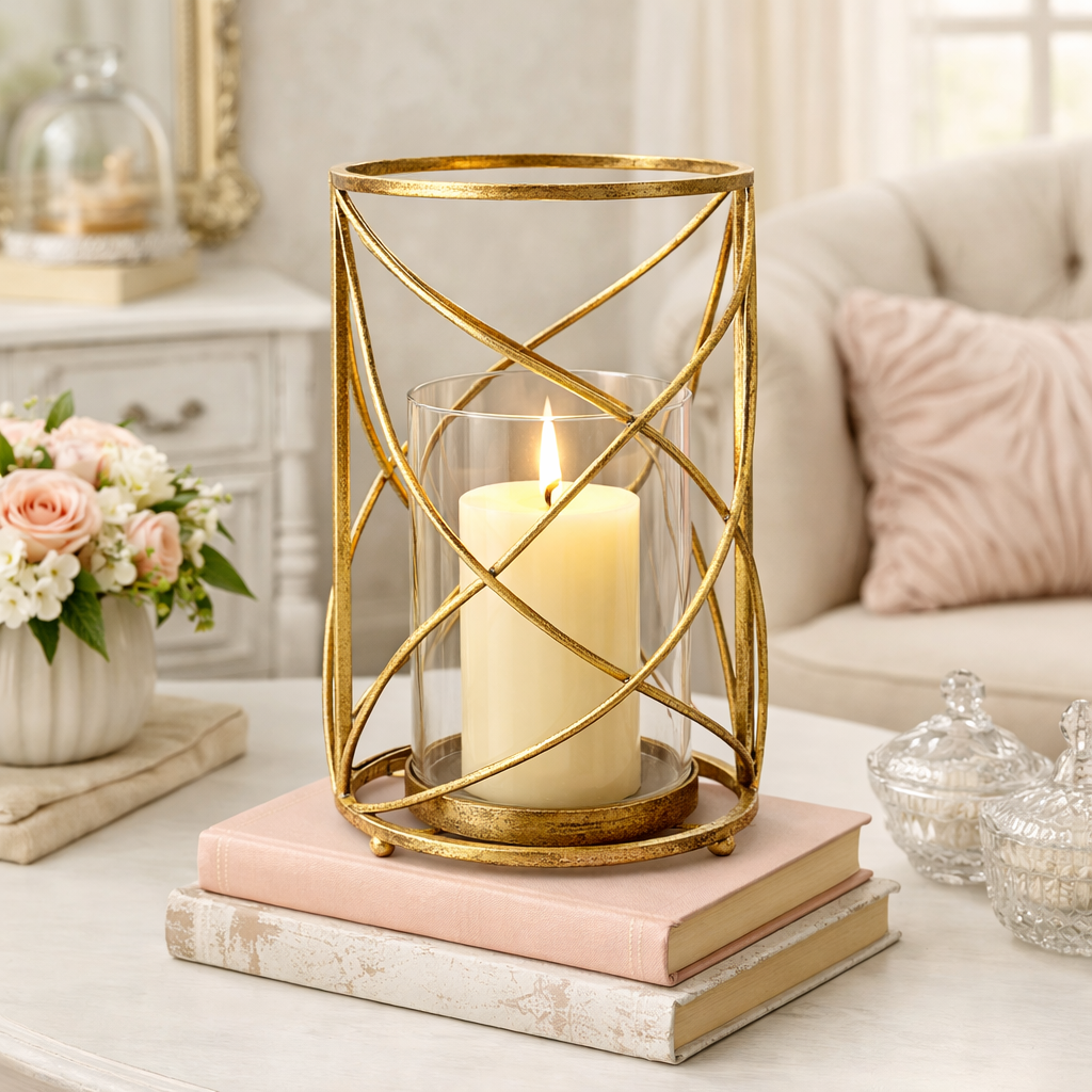 Valentina Gold Metal & Glass Pillar Candle Holder 13" - Elegant Vintage Candle Holder