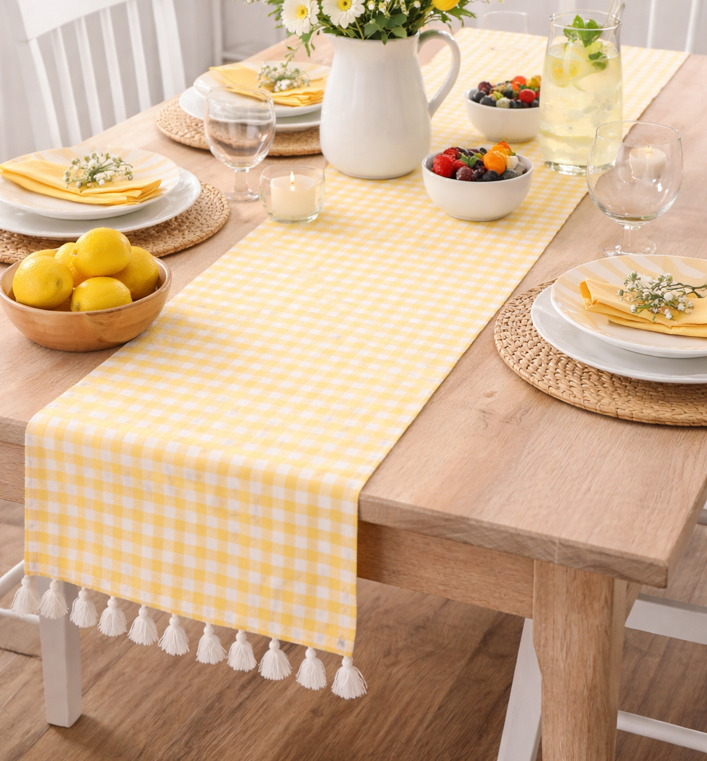 Yellow Gingham Table Runner - 56 inch double-sided yellow gingham cotton table runner with white tassels for spring and Easter dining decor