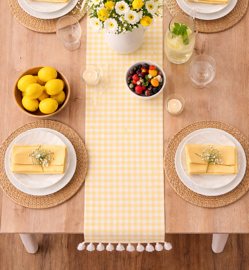 Yellow Gingham Table Runner - 56 inch double-sided yellow gingham cotton table runner with white tassels for spring and Easter dining decor
