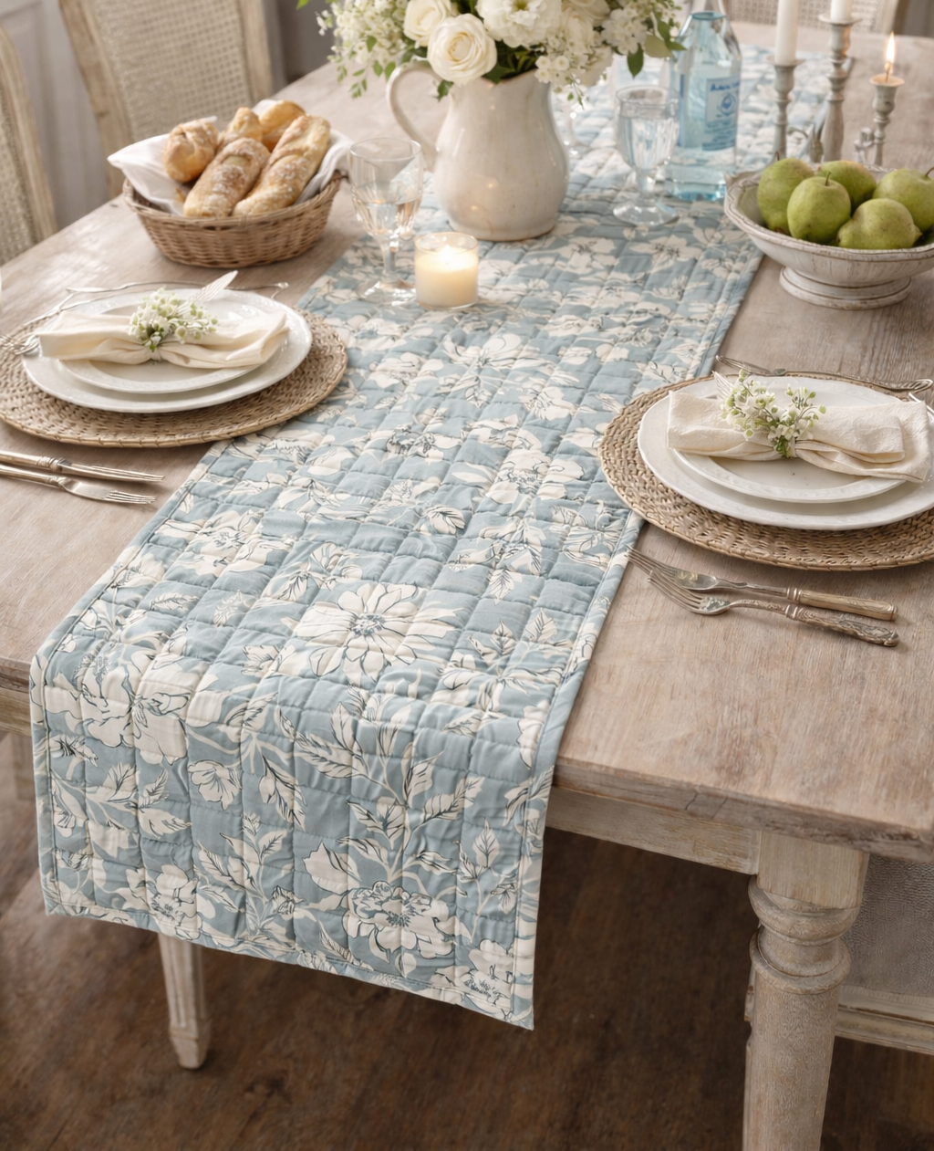 Quilted Blue Floral Table Runner 56 inch - Reversible cotton table runner with soft blue floral pattern and blue-cream striped reverse for dining decor