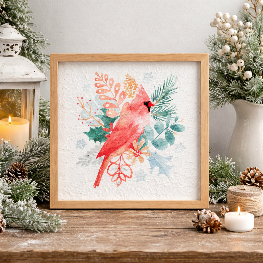 Winter Cardinal Wall Art 11" | Framed Bird Décor