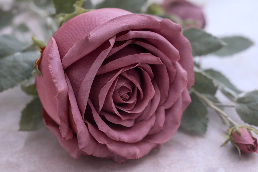 Purple Roses Floral Pick 29 inch - Mauve silk rose stem with layered petals and bud for vase and tabletop decor
