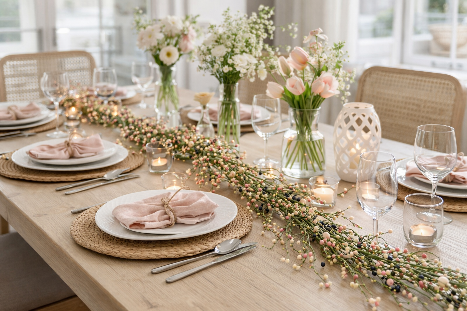 Mixed pip berry garland with green, blush, and cream berries and leaves, 53 inches long, French country farmhouse spring decor