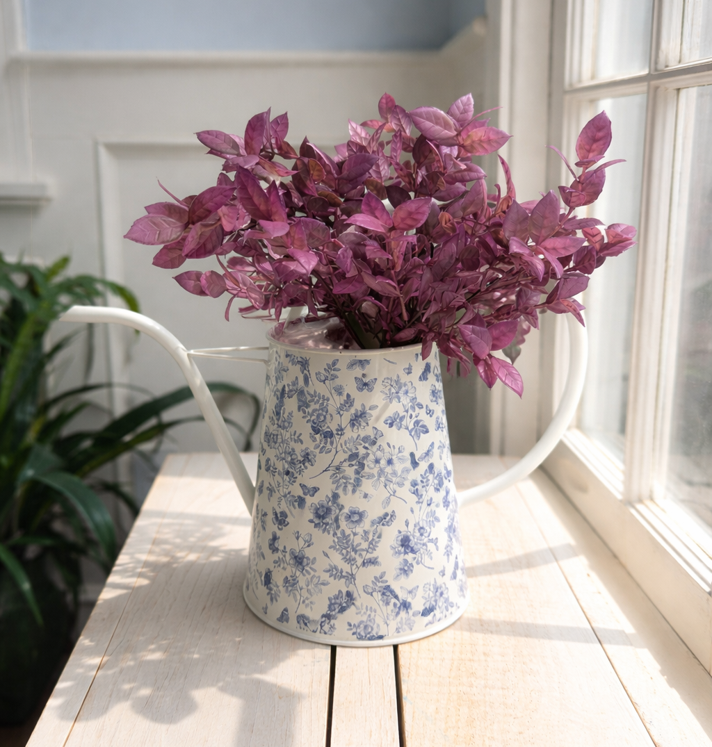 Plum leaf stem arrangement in a decorative metal container on a wooden surface with a window in the background