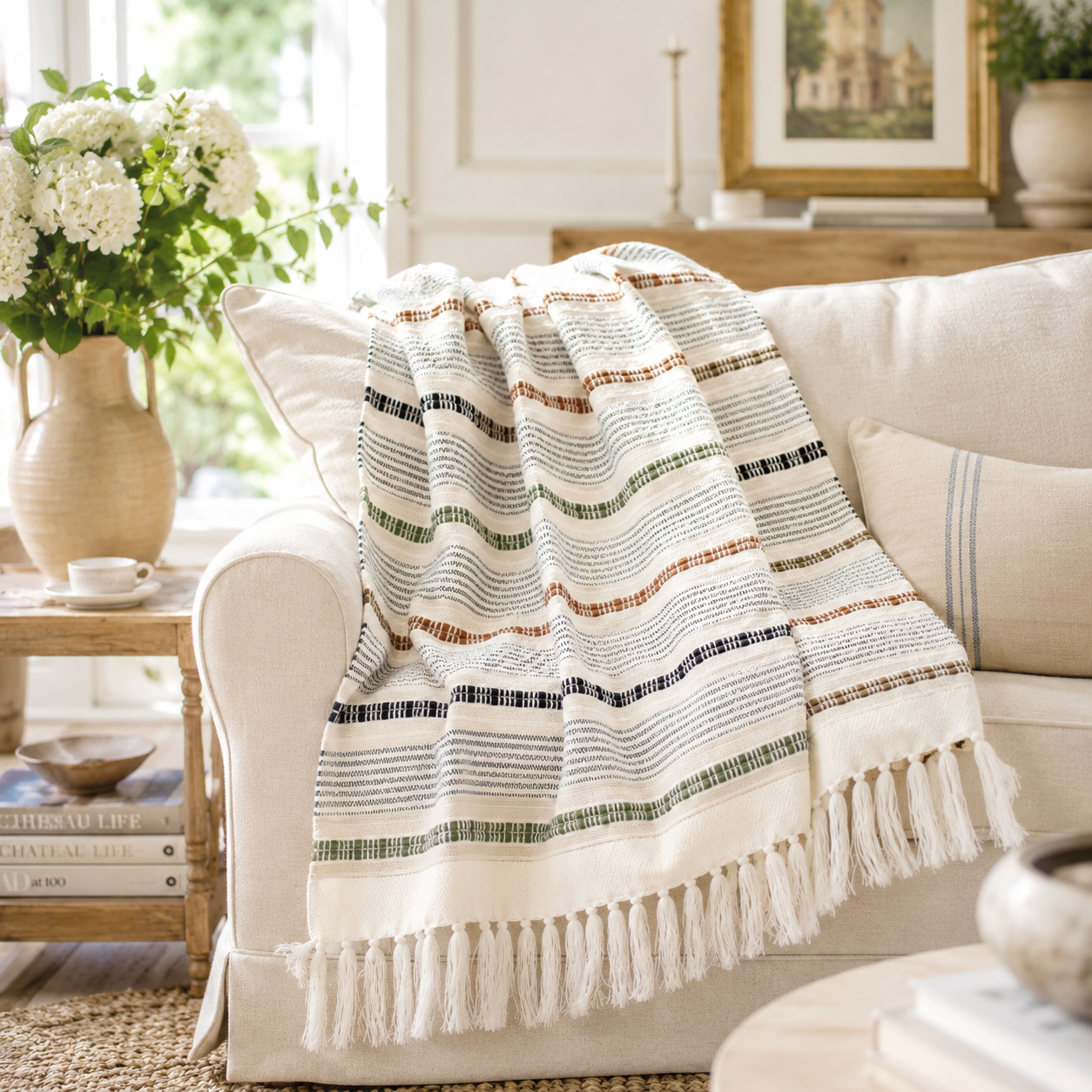 Elinor Throw Blanket 50x60 - Cream with Rust Olive Blue Stripes & Fringe