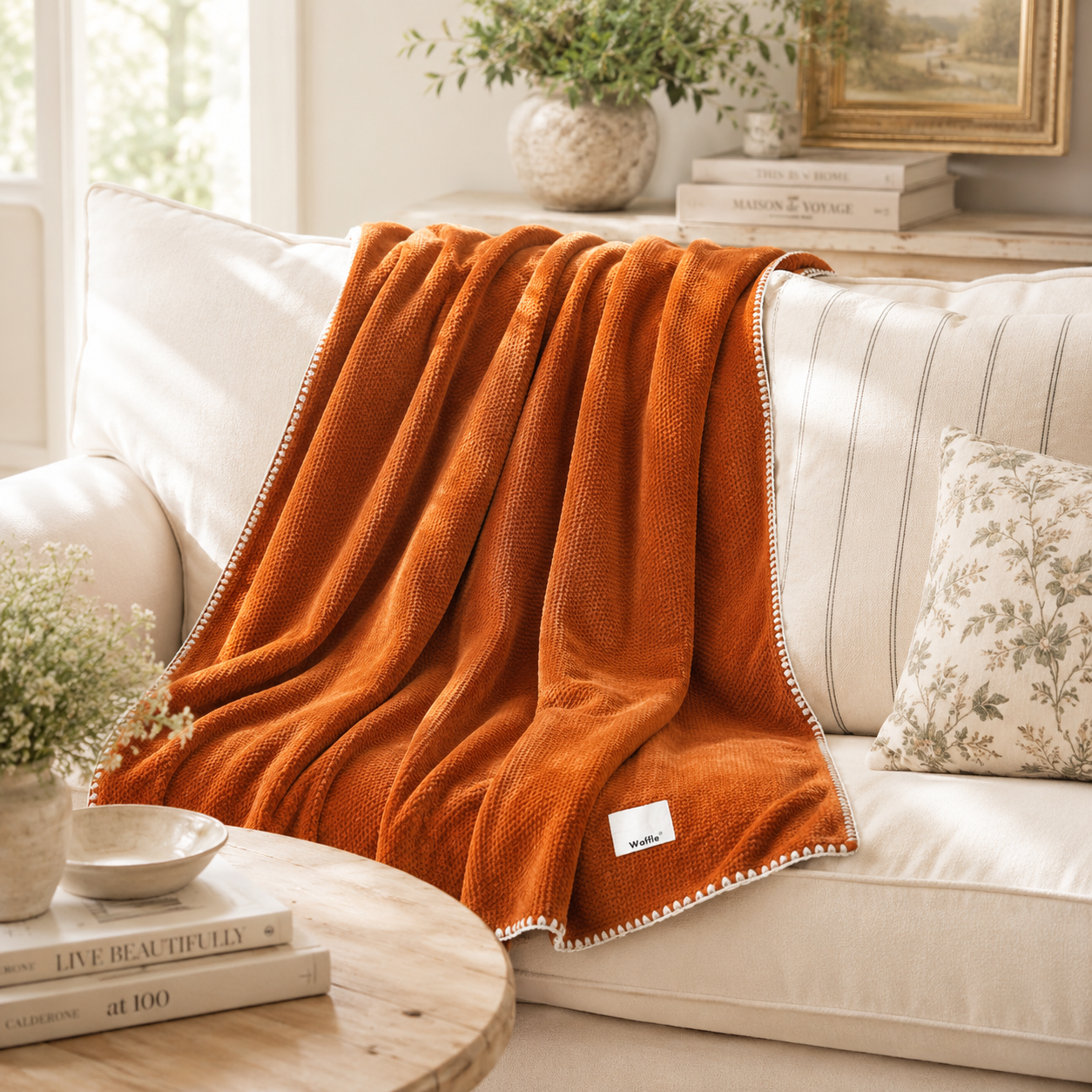 Lilah Velvet Waffle Throw Blanket 60x80 - Autumn Orange Oversized Blanket