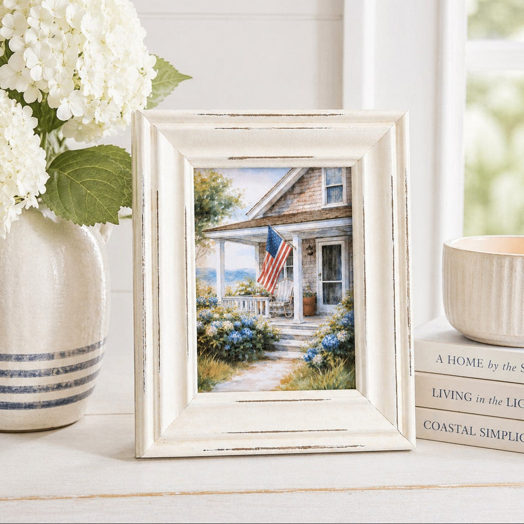 Framed artwork of a house with an American flag on a white surface with a vase of flowers and books.