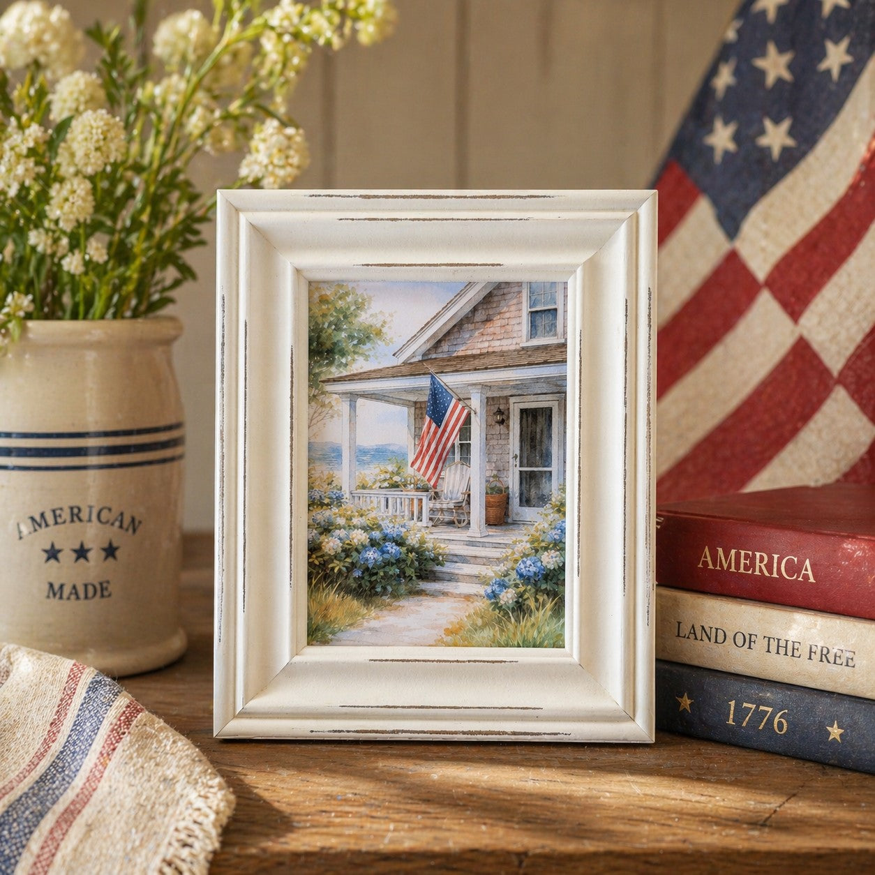 Framed artwork of a house with an American flag on a wooden surface with books and a vase.