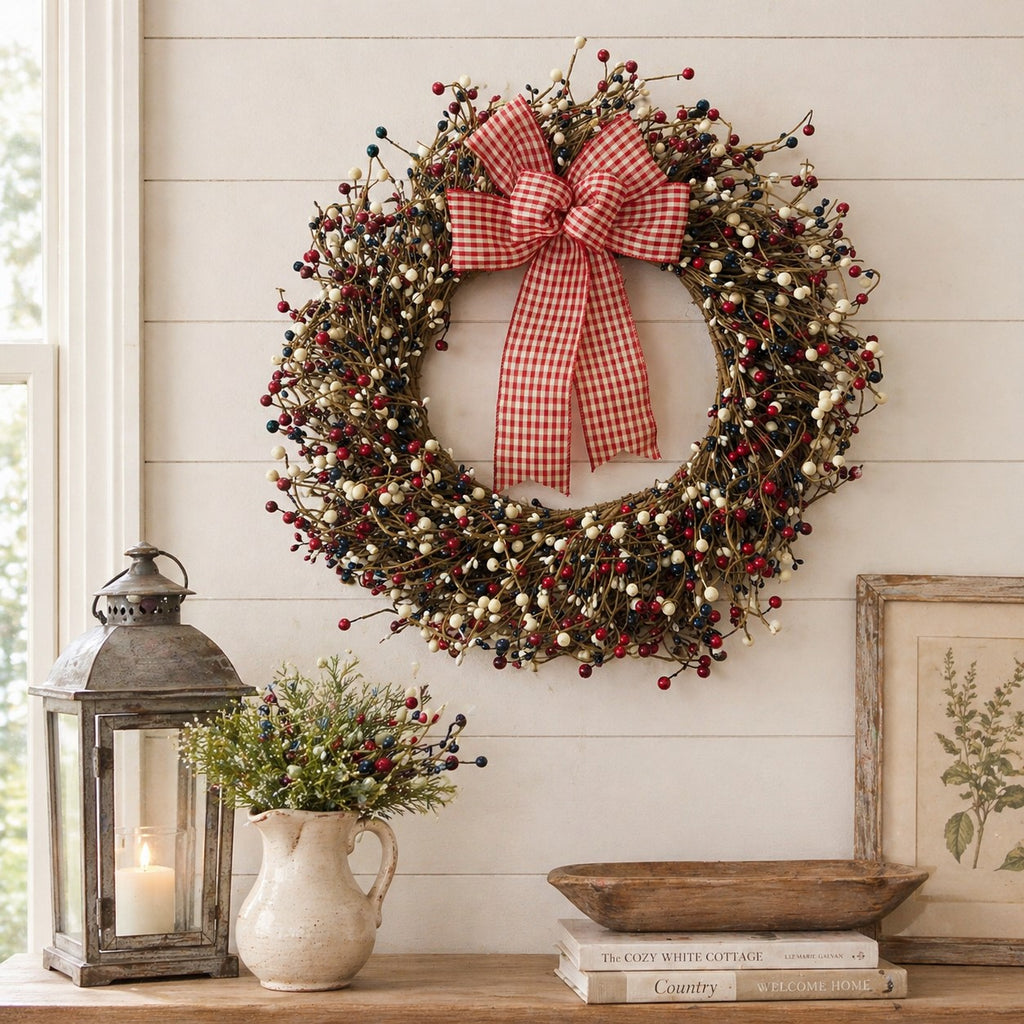 Red, white, and blue wreath with a red checkered bow on a wall above a wooden shelf with a lantern, pitcher, and books.