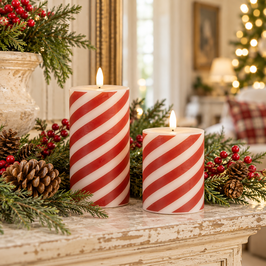 Candy Cane Stripe Flameless Pillar Candle | 6"