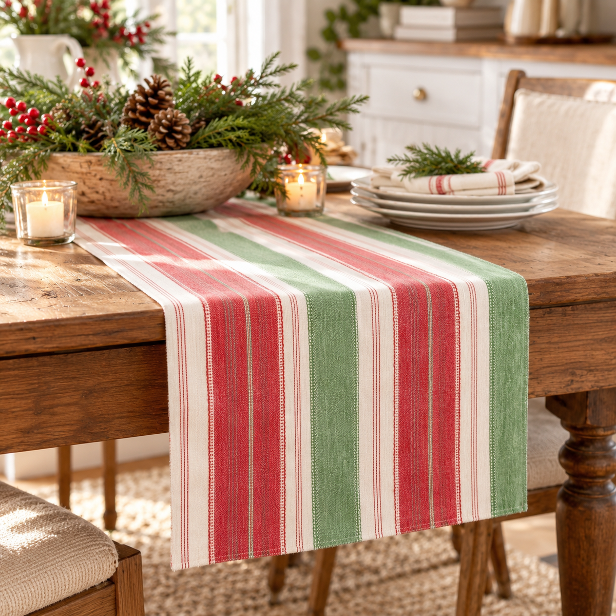 Clara Christmas Stripe Table Runner | Red & Green Holiday Table Linen – 13" x 60"