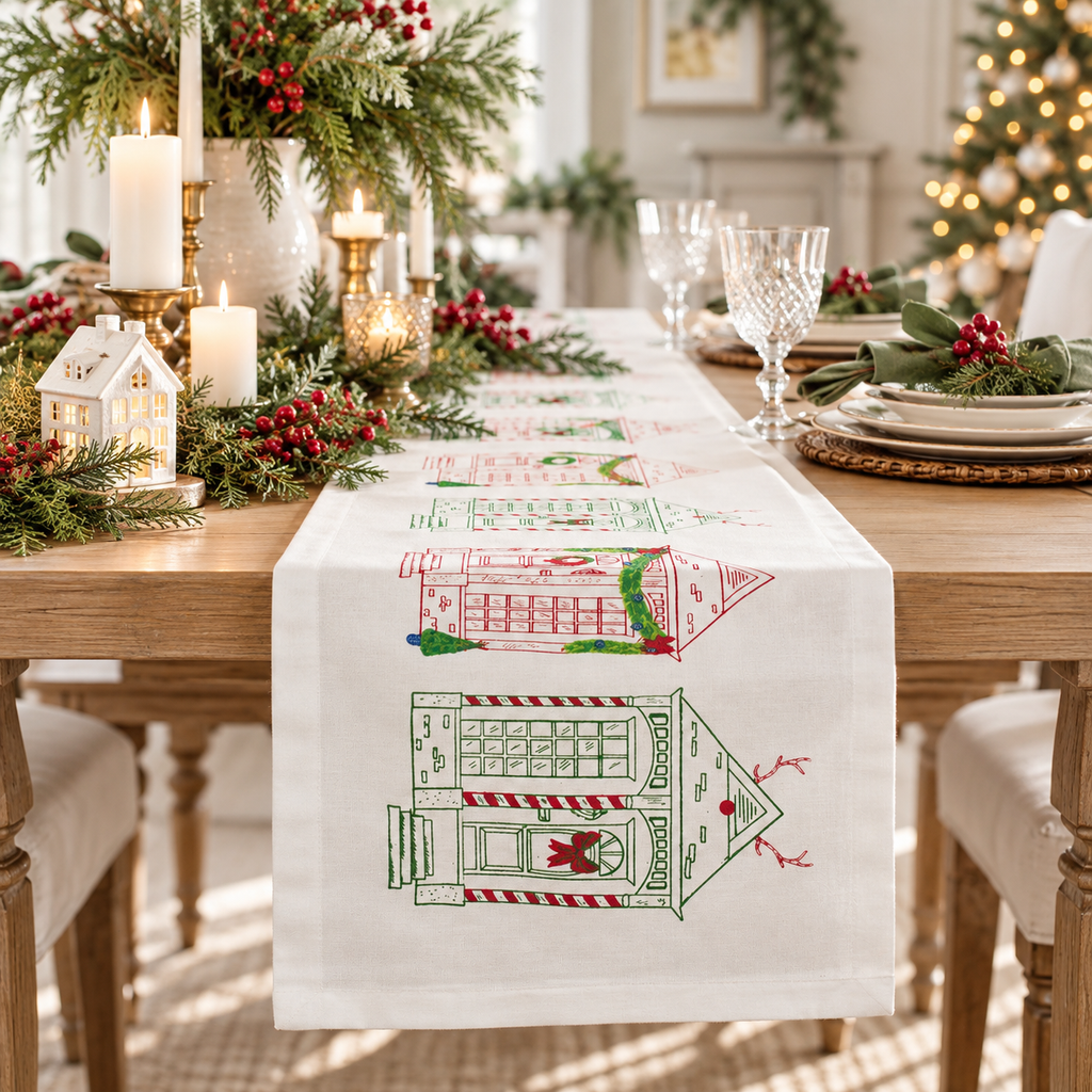 Christmas Village Table Runner | Red & Green Holiday Houses 13" x 60"