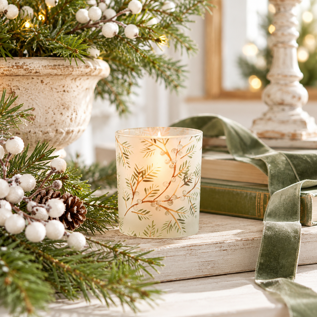 Frosted Evergreen Glass Votive Candle Holder | 3"