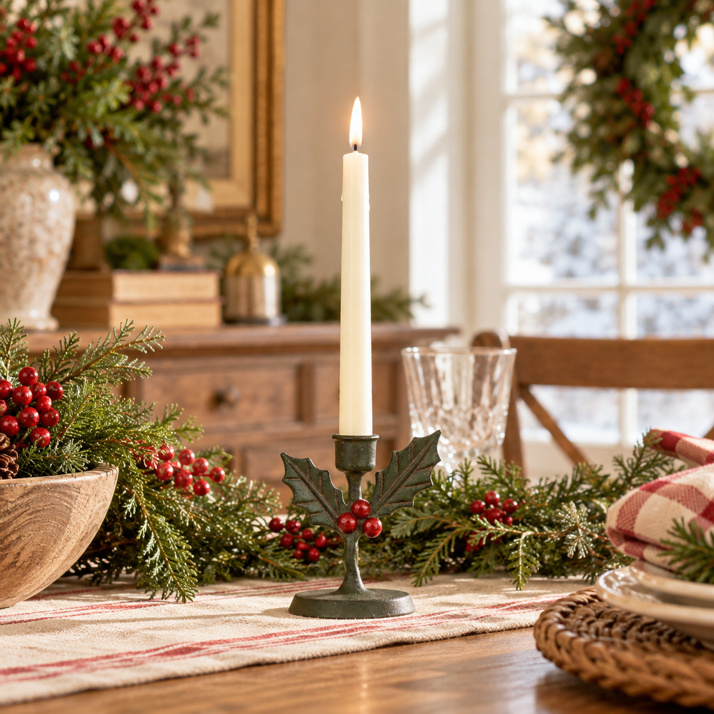 Holly & Red Berry Christmas Taper Candle Holder | 5.5"