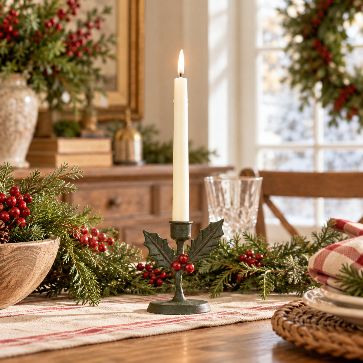 Holly & Red Berry Christmas Taper Candle Holder | 5.5"