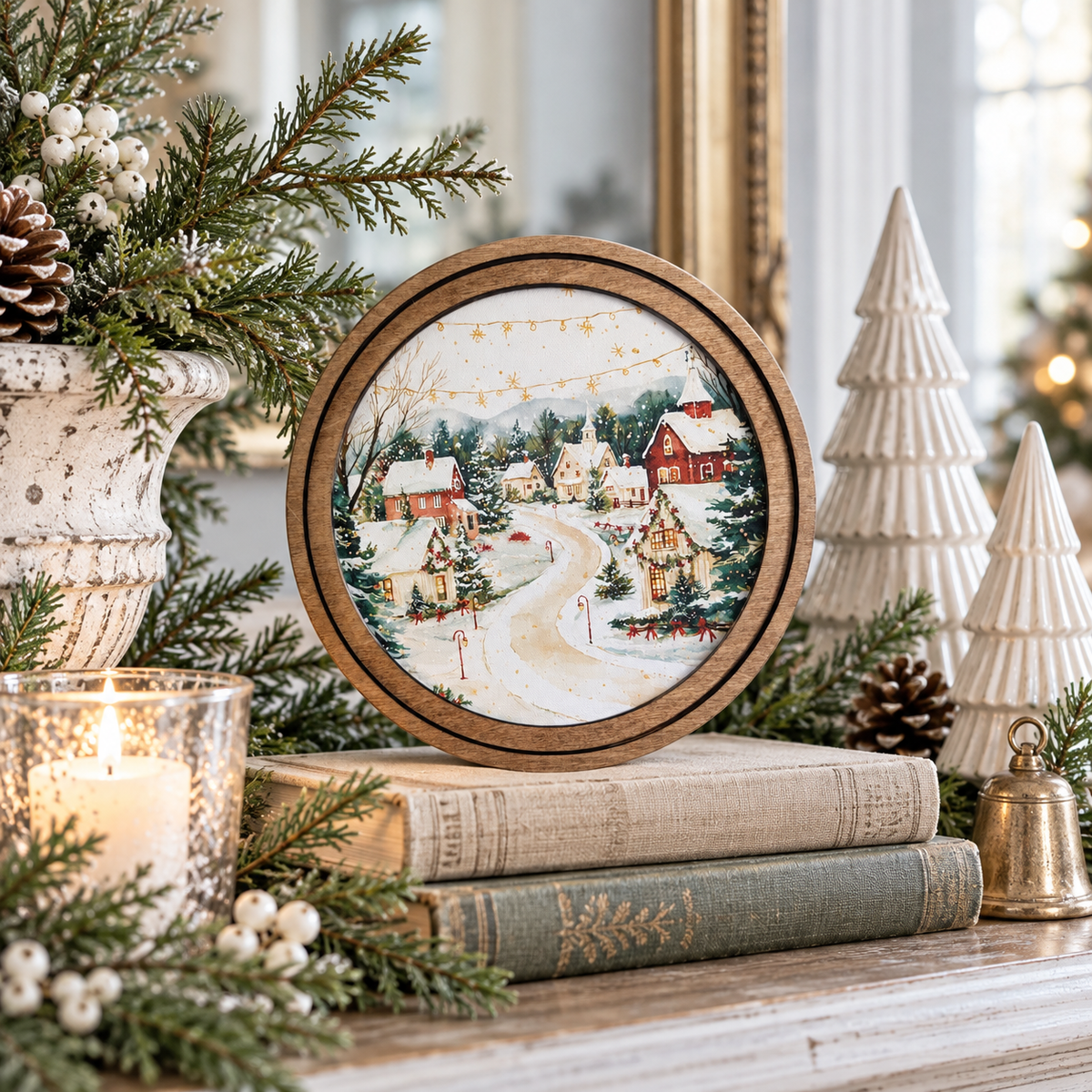 Vintage Christmas Village Framed Canvas Art | 8"