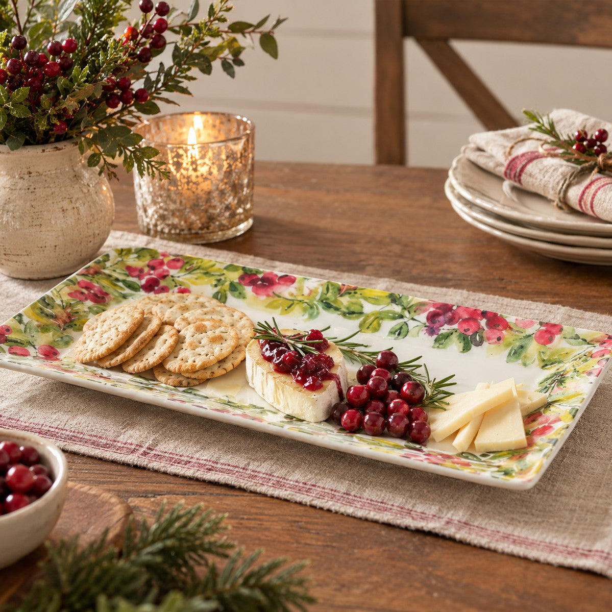Cranberry Wreath Christmas Serving Platter | 14" Ceramic Tray