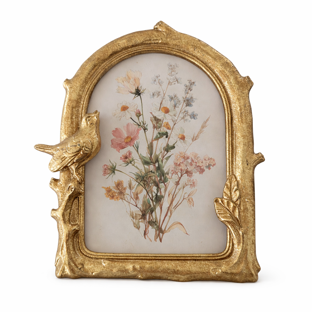 Decorative frame with gold leaf and bird design and botanical print