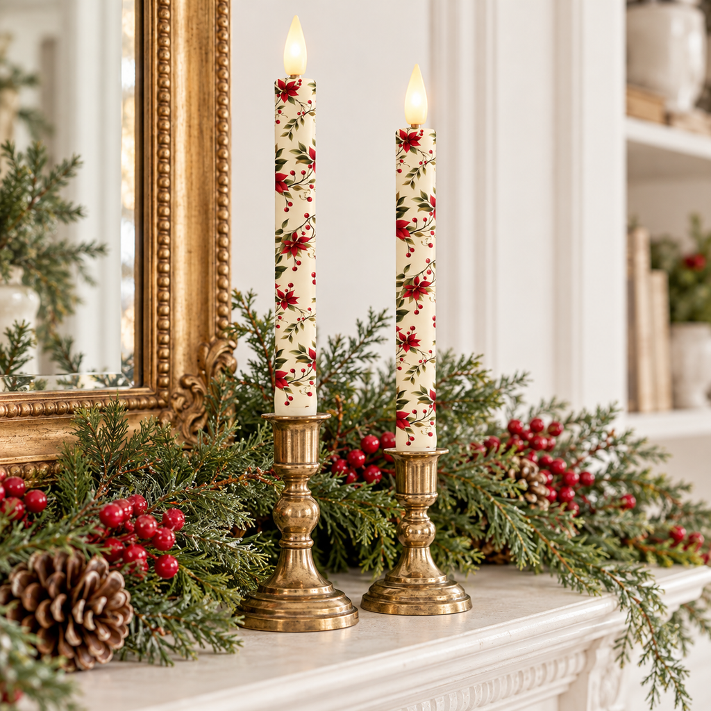 Poinsettia Flameless Taper Candles | Set of 2