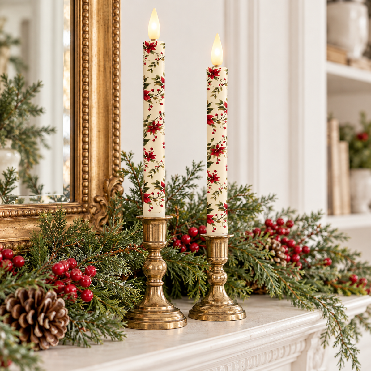 Poinsettia Flameless Taper Candles | Set of 2