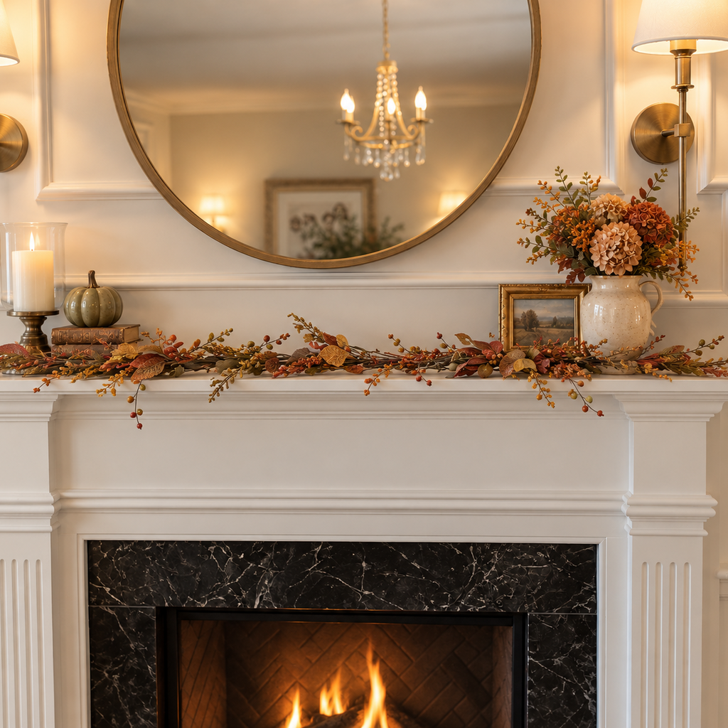 A white fireplace mantel decorated with autumn garlands, a ceramic vase of flowers, a candle, and a small framed picture, set against a black marble fireplace with a warm fire burning below. A large round gold-framed mirror hangs above, reflecting a chandelier and wall sconces.