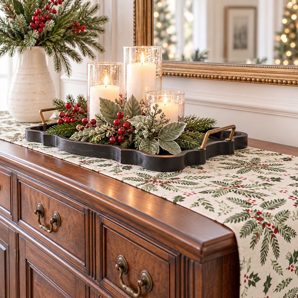Colette Holiday Table Runner 13x90 - Christmas Runner with Holly & Berries