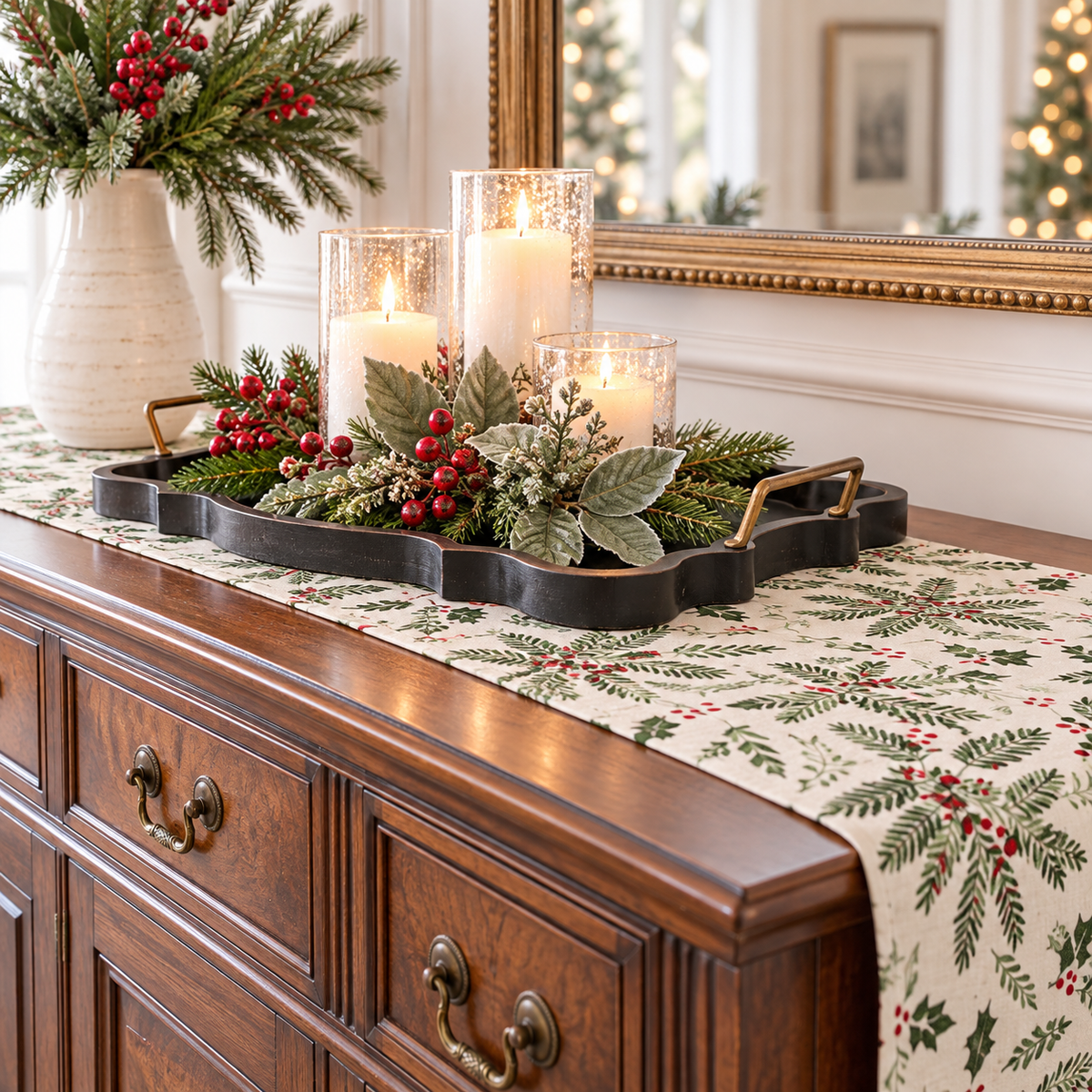 Colette Holiday Table Runner 13x90 - Christmas Runner with Holly & Berries
