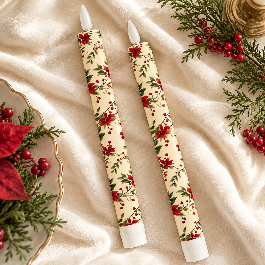 Poinsettia Flameless Taper Candles | Set of 2
