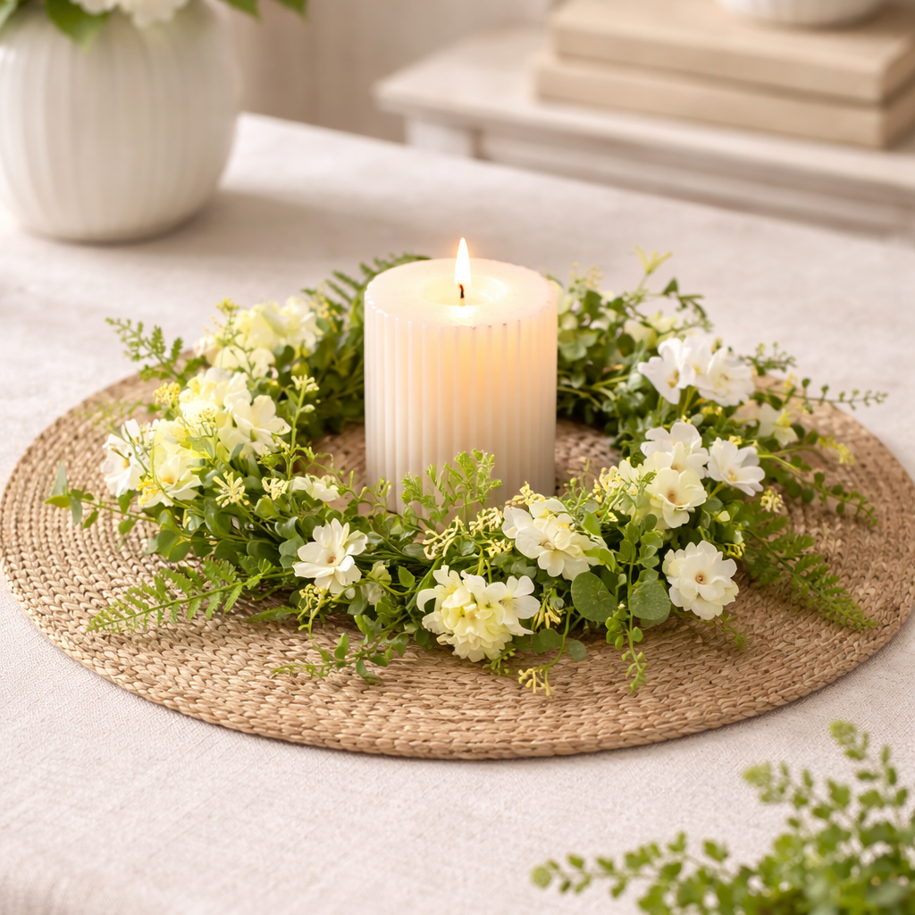 Golden bloom candle ring with lush greenery and soft yellow flowers, 6.5-inch rim for elegant centerpiece display