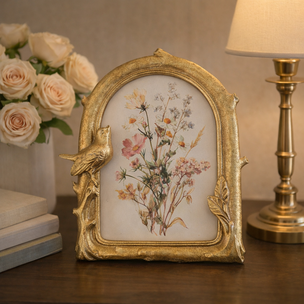 Decorative frame with gold leaf and bird design and botanical print