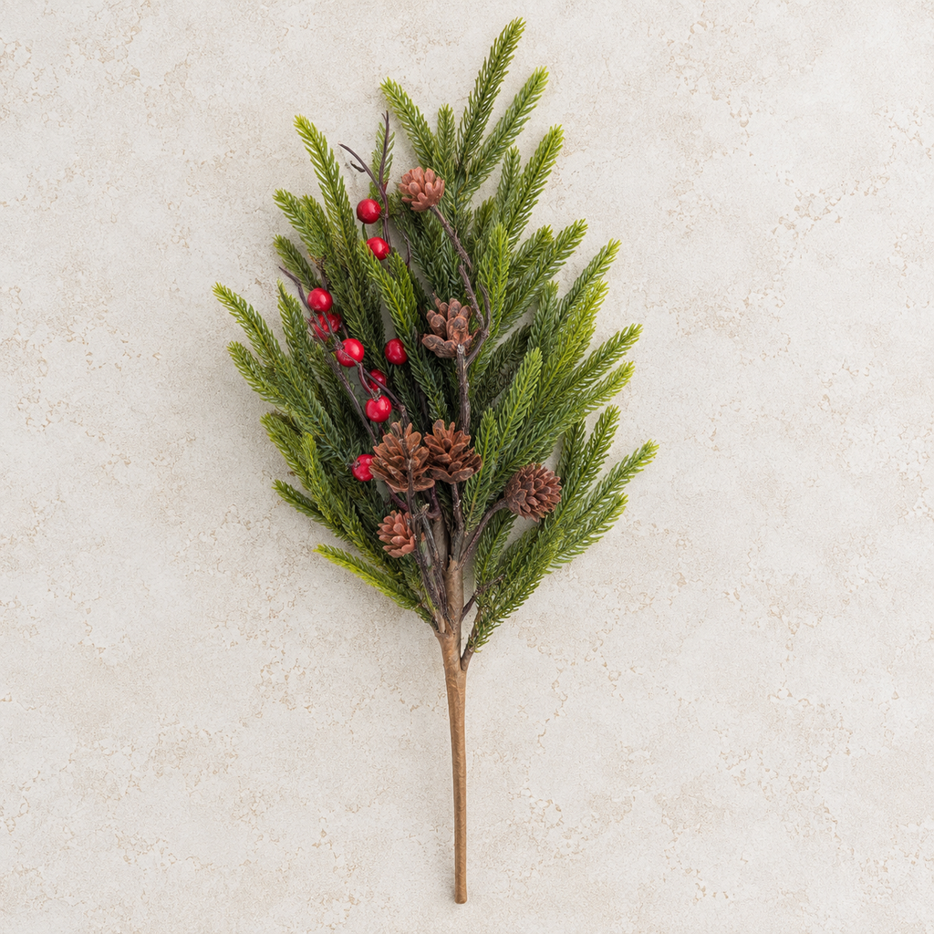 Woodland Pine & Red Berry Christmas Pick | 19" Holiday Greenery Stem