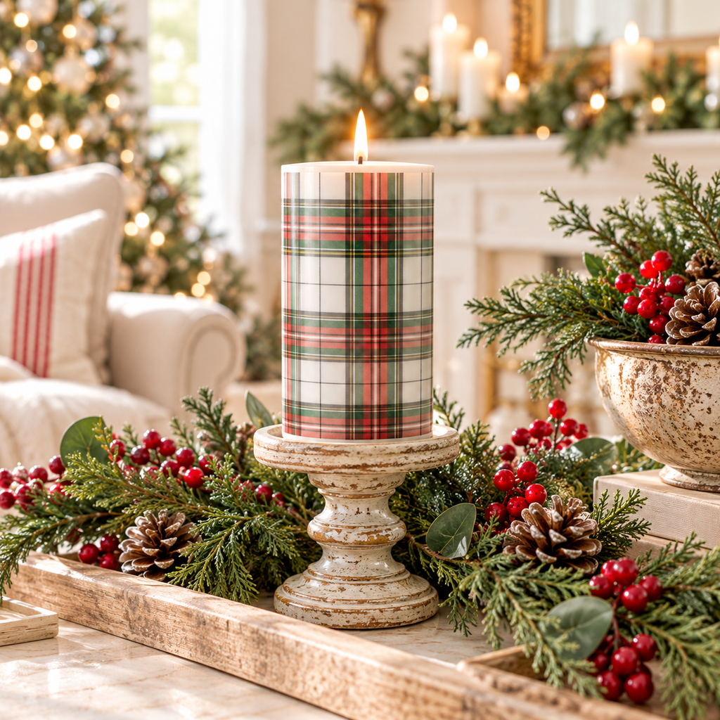 Classic Christmas Plaid Pillar Candle | 6"