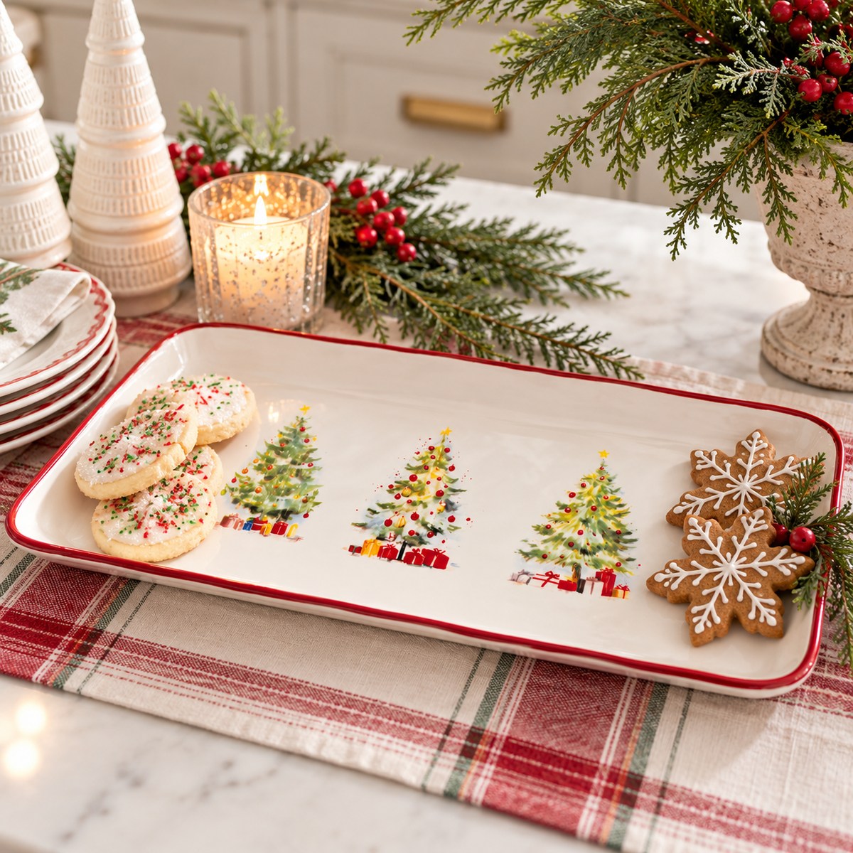 A rectangular white ceramic holiday serving platter with a red rim, decorated with Christmas tree and gingerbread cookie illustrations, styled on a plaid table runner with cookies and holiday decor.