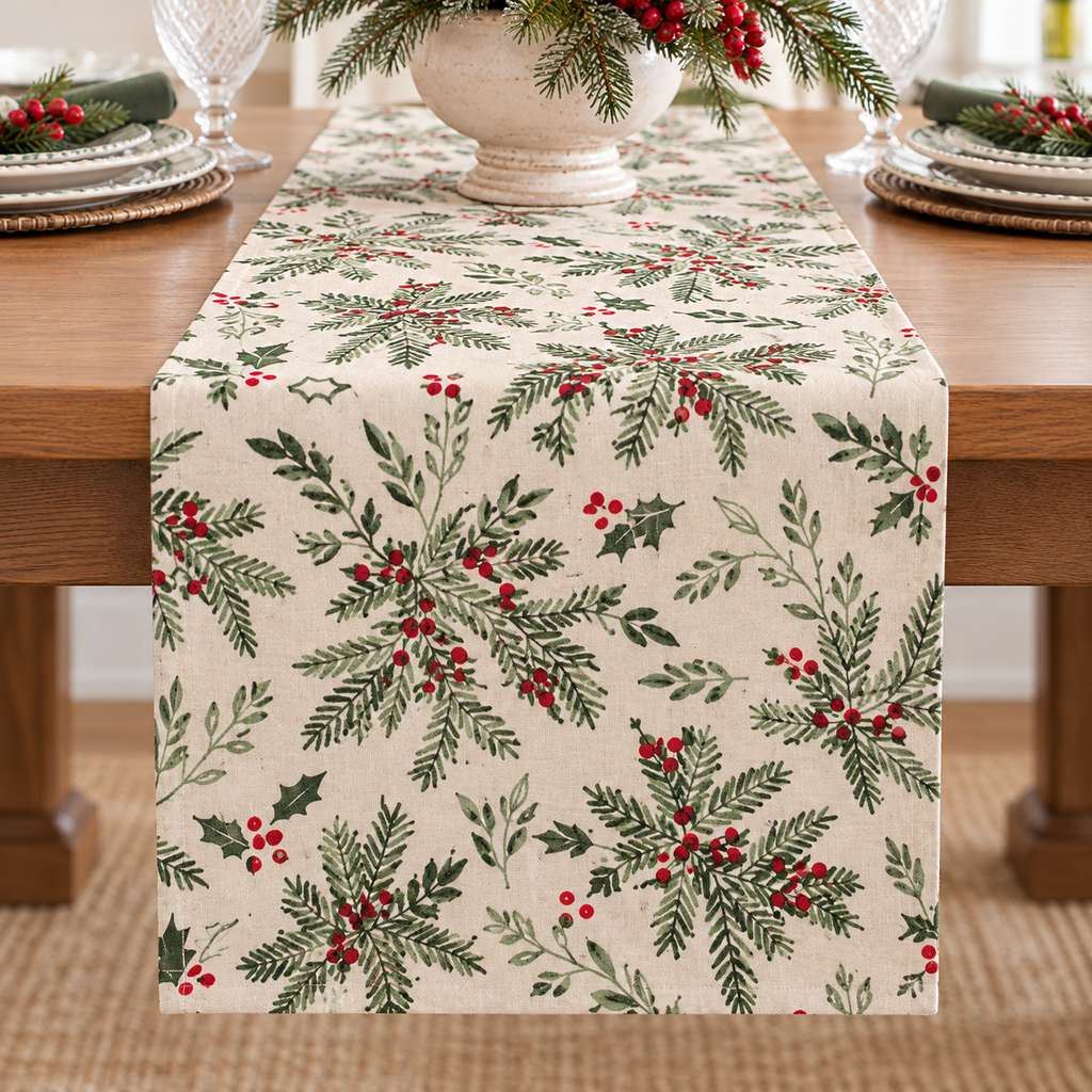 Colette Holiday Table Runner 13x90 - Christmas Runner with Holly & Berries