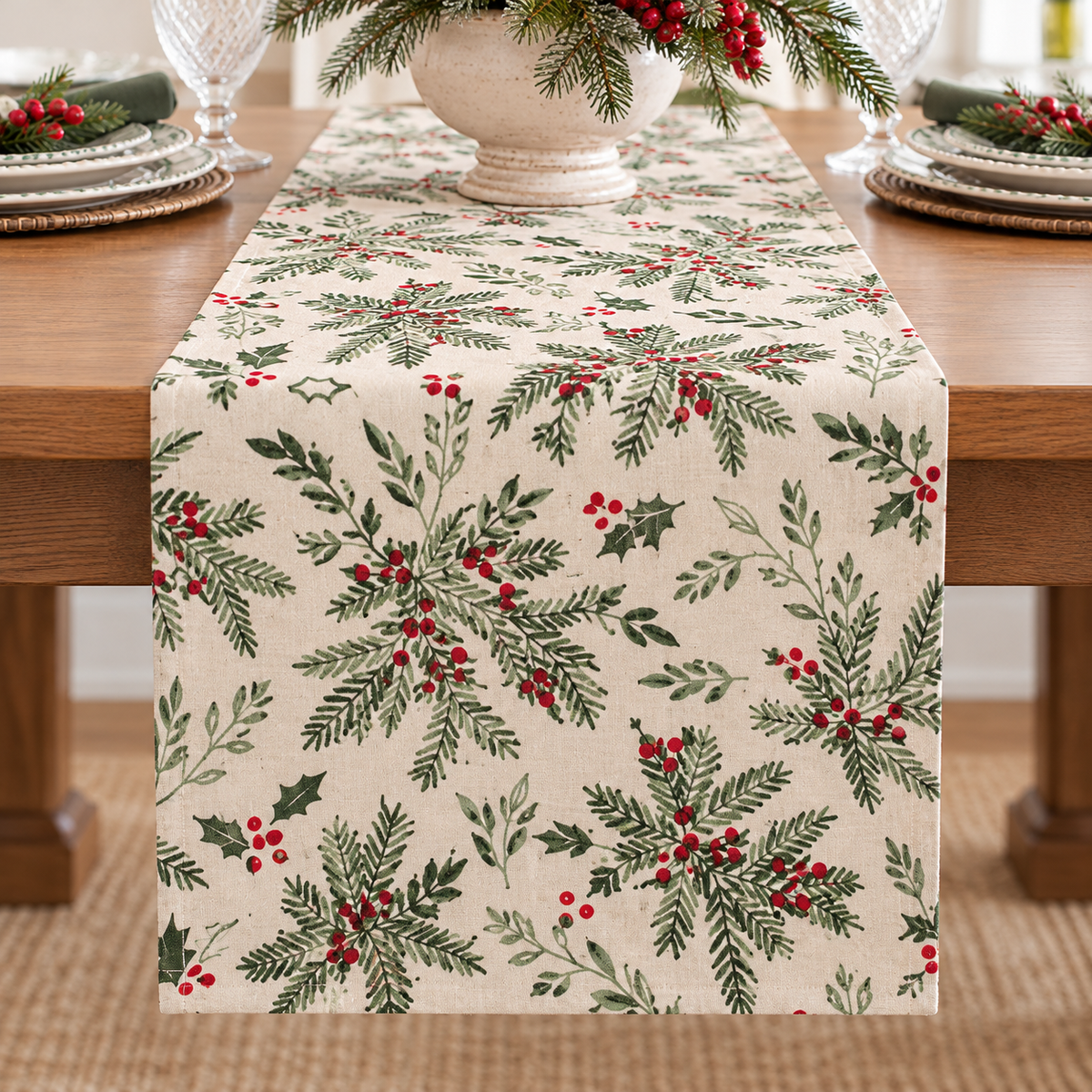 Colette Holiday Table Runner 13x90 - Christmas Runner with Holly & Berries