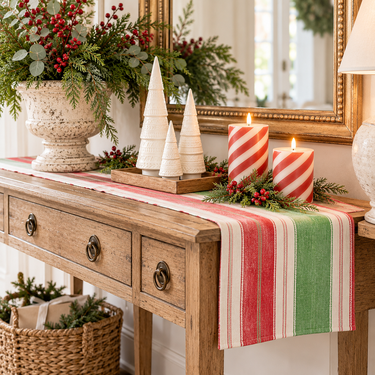 Clara Christmas Stripe Table Runner | Red & Green Holiday Table Linen – 13" x 60"