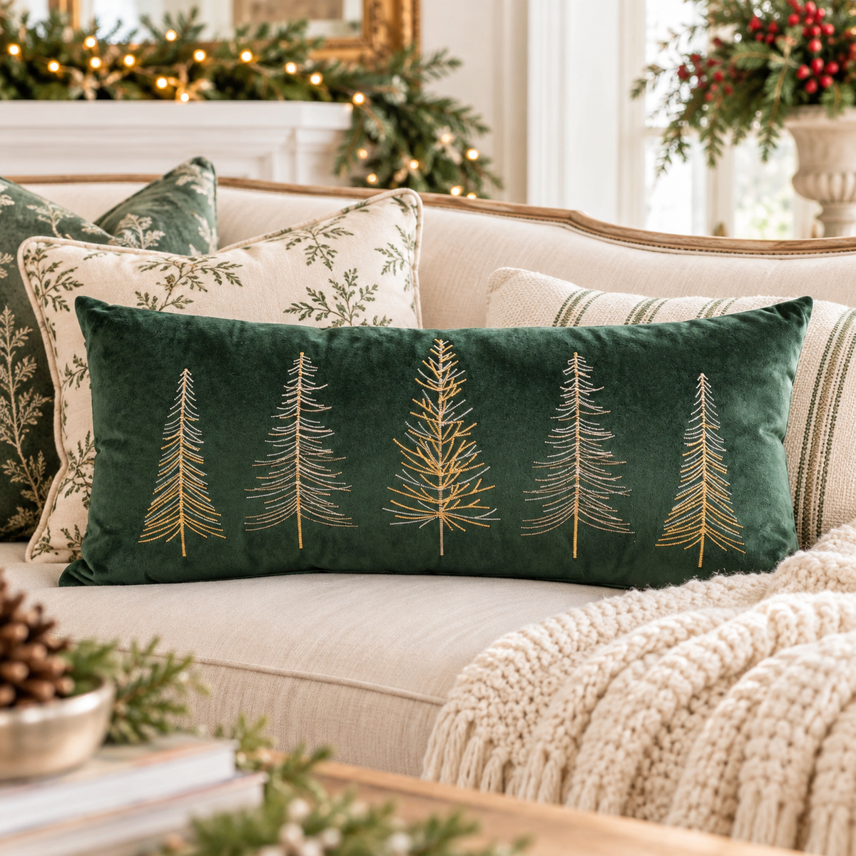 Glimmer Trees Embroidered Christmas Pillow | Forest Green & Gold 12" x 28"