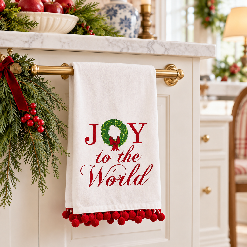 Grand Joy to the World Christmas Hand Towel with Red Pom-Pom Trim | 20" x 28"