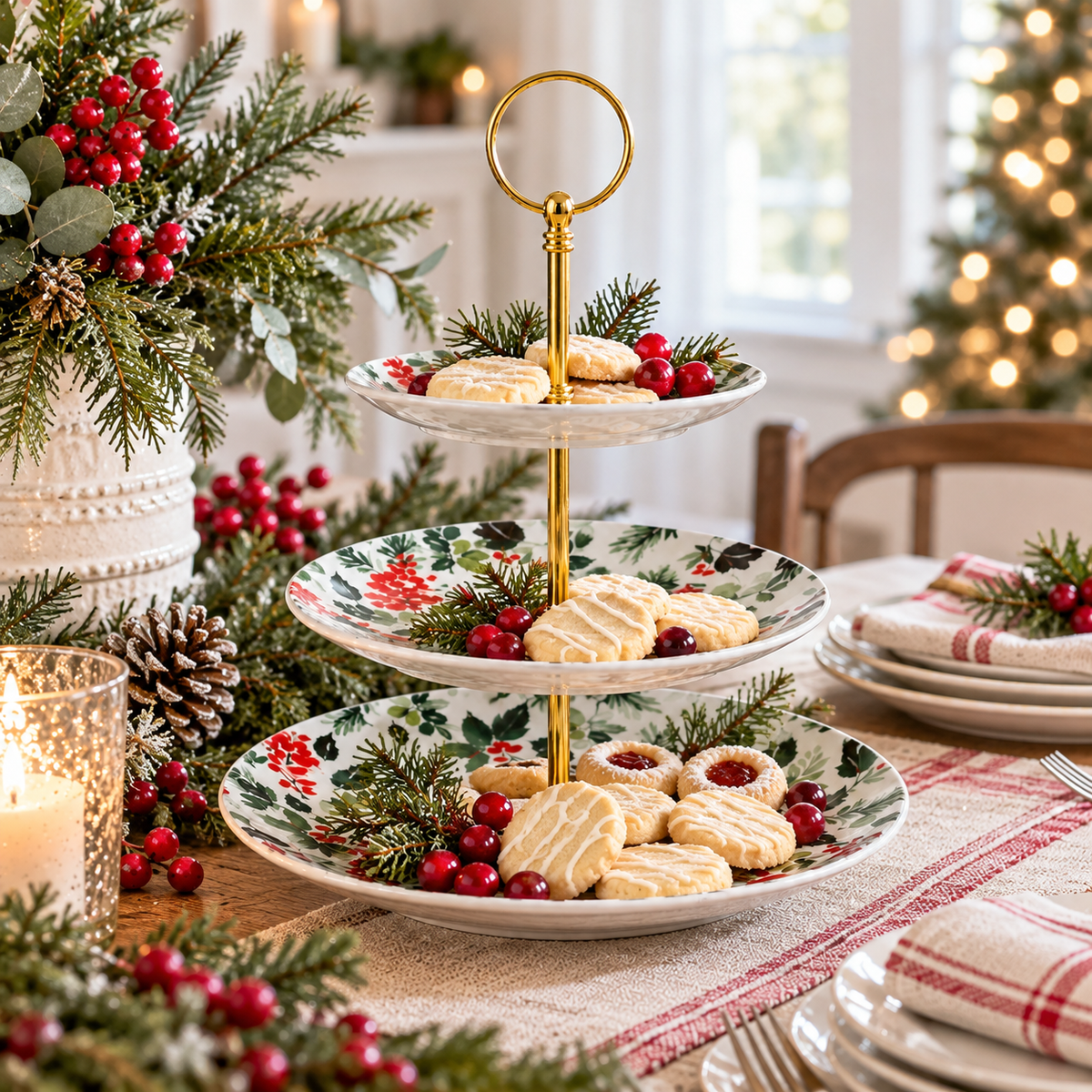 Holly & Red Berry 3-Tier Ceramic Serving Stand | 13"